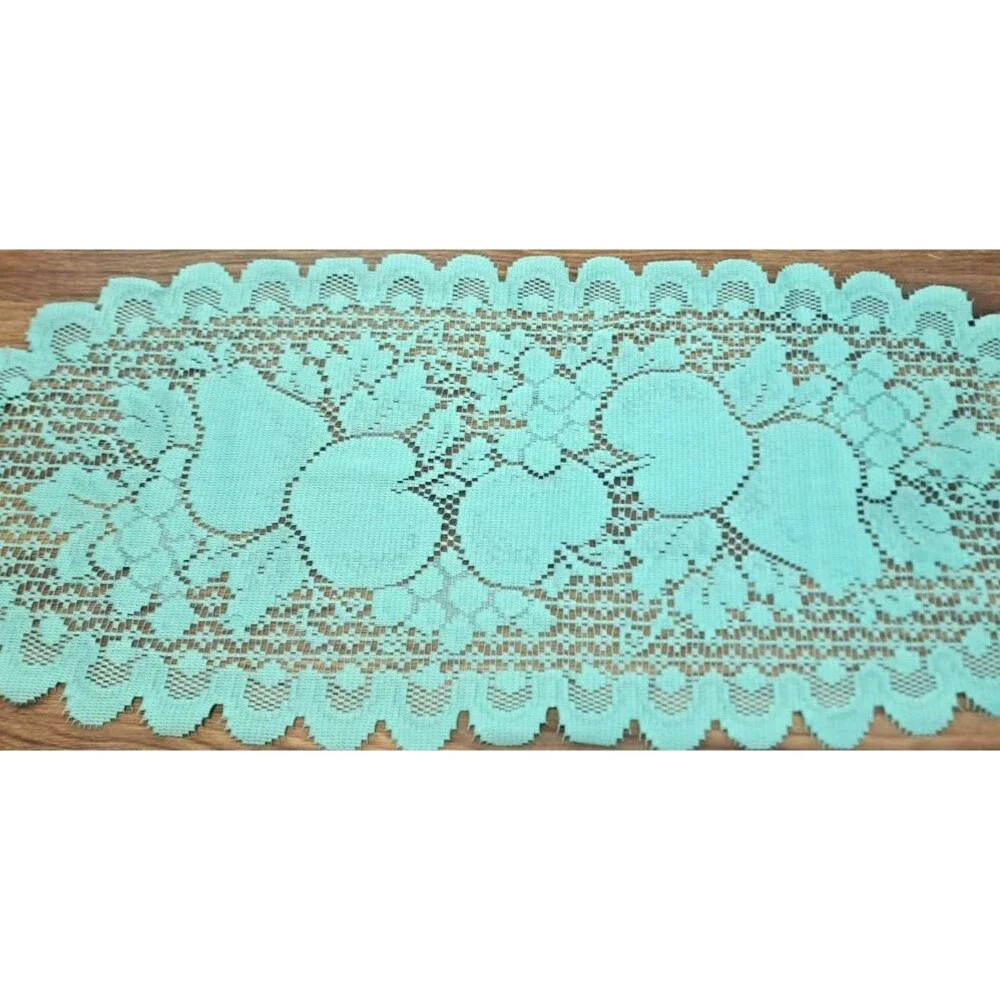 Turquoise Blue Lace Table Runner Fruit Apples Pear Country Cottage 30x13